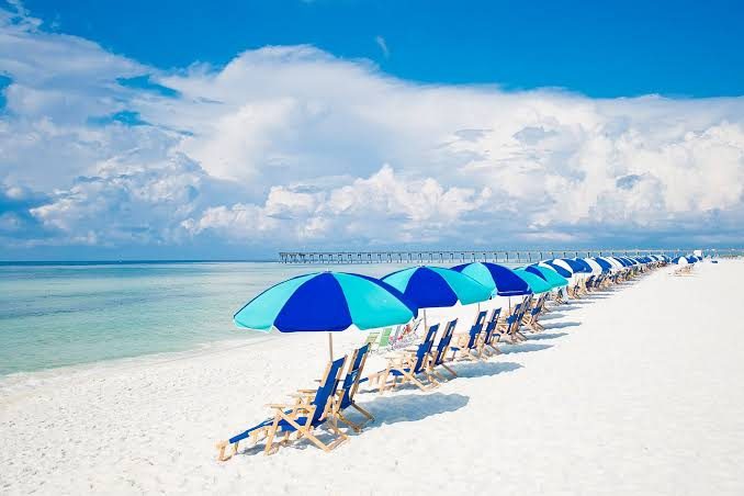Beach umbrellas and loungers on the white sand at Pensacola Beach, Florida