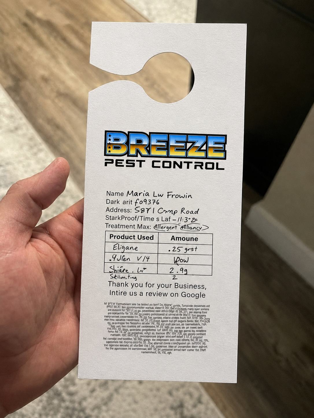 Breeze Pest Control service report left after every visit