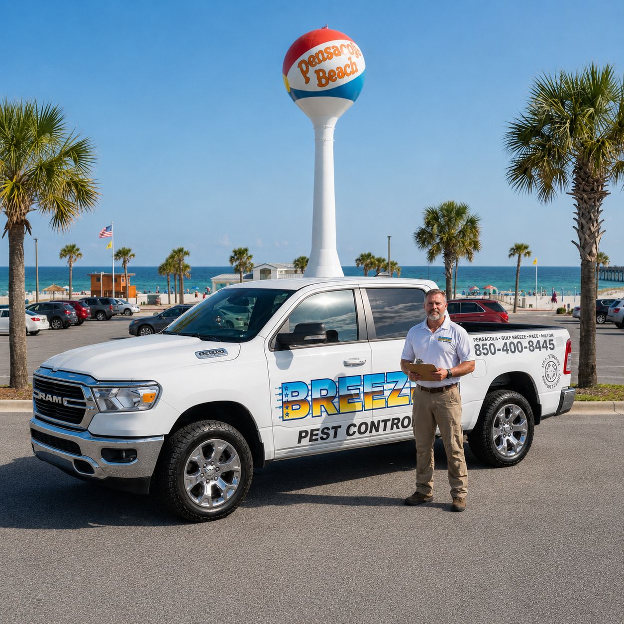 Breeze Pest Control truck and technician at the Pensacola Beach ball water tower