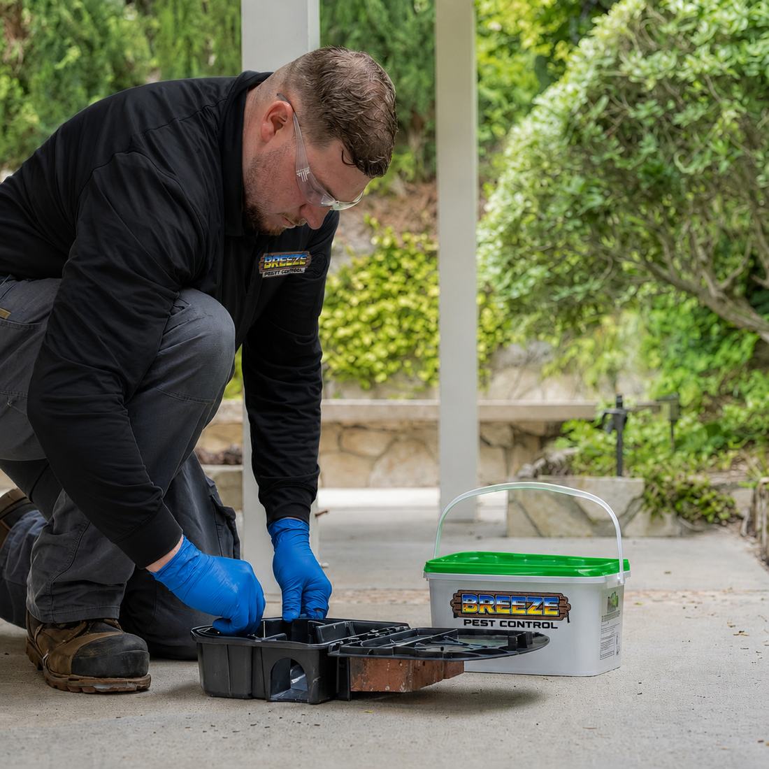 Breeze technician installing a tamper-resistant rodent station