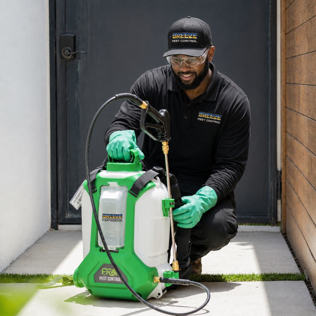 Breeze Pest Control technician preparing perimeter defense equipment at a Pensacola home