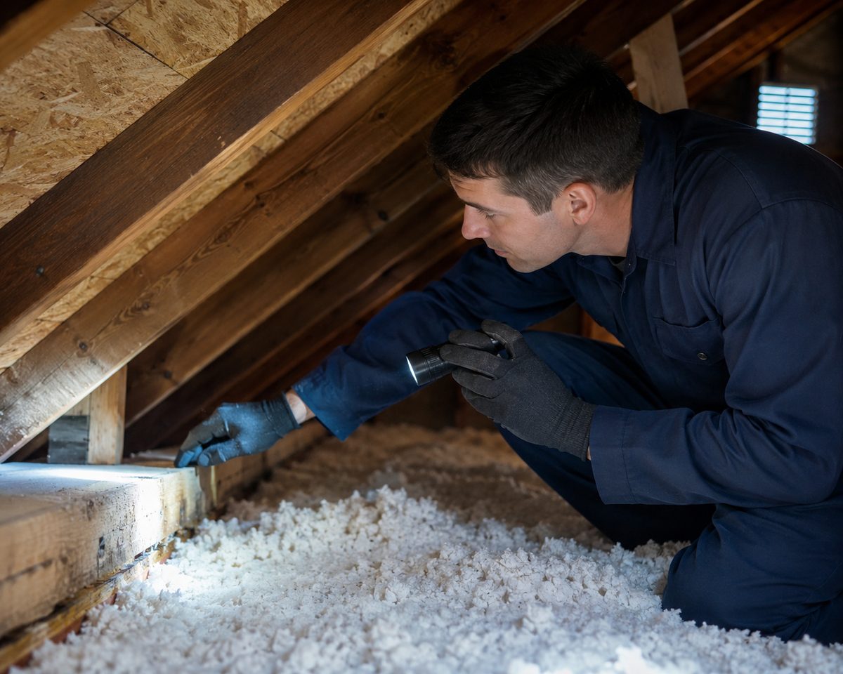 Technician checking attic insulation with a flashlight for signs of rodent activity