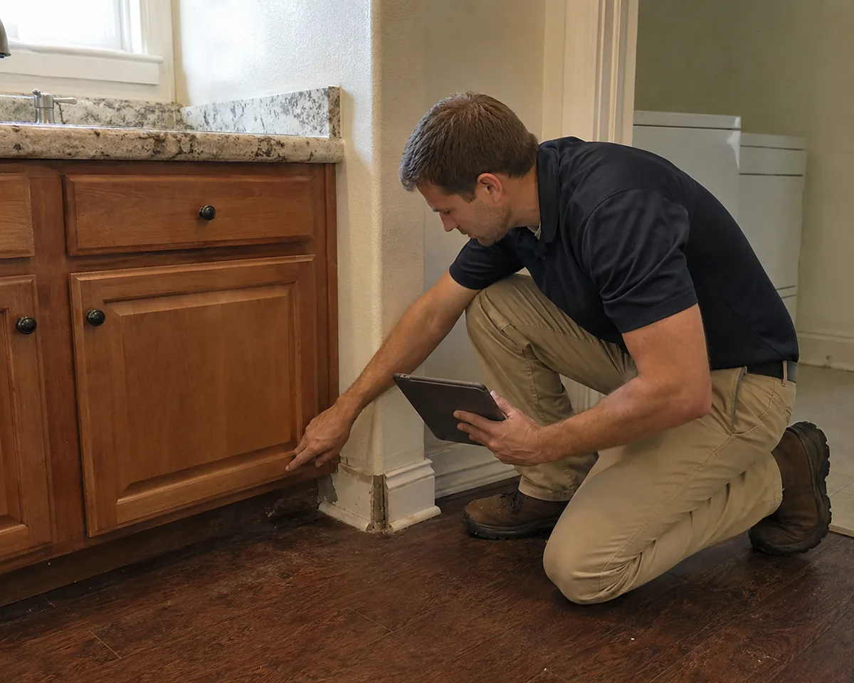 Technician checking the baseboard behind a kitchen cabinet run for pest activity