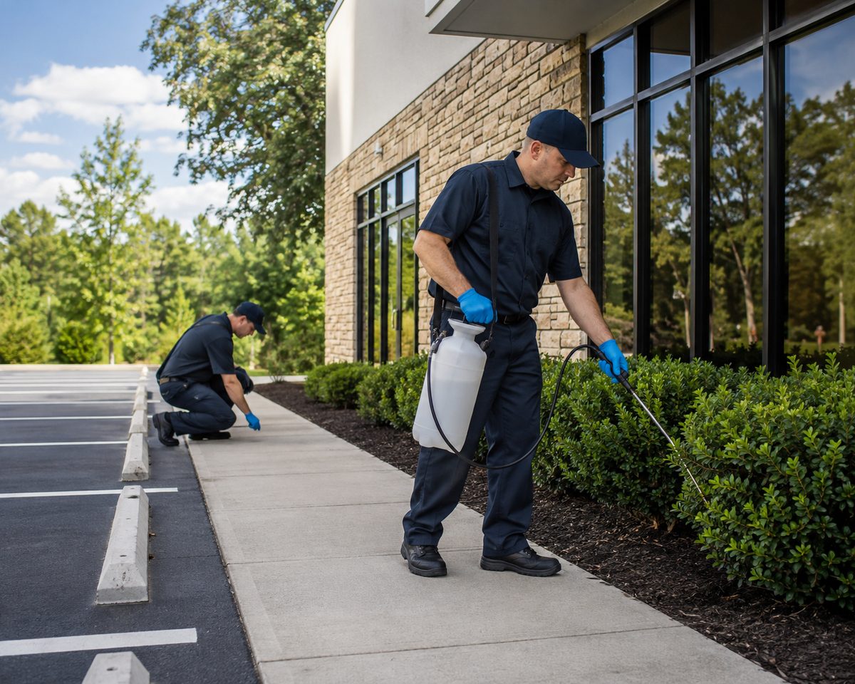 Two technicians treating the landscaping and perimeter of a commercial building