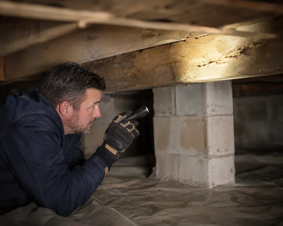 Inspector in a crawlspace lighting a damaged floor joist above a masonry pier