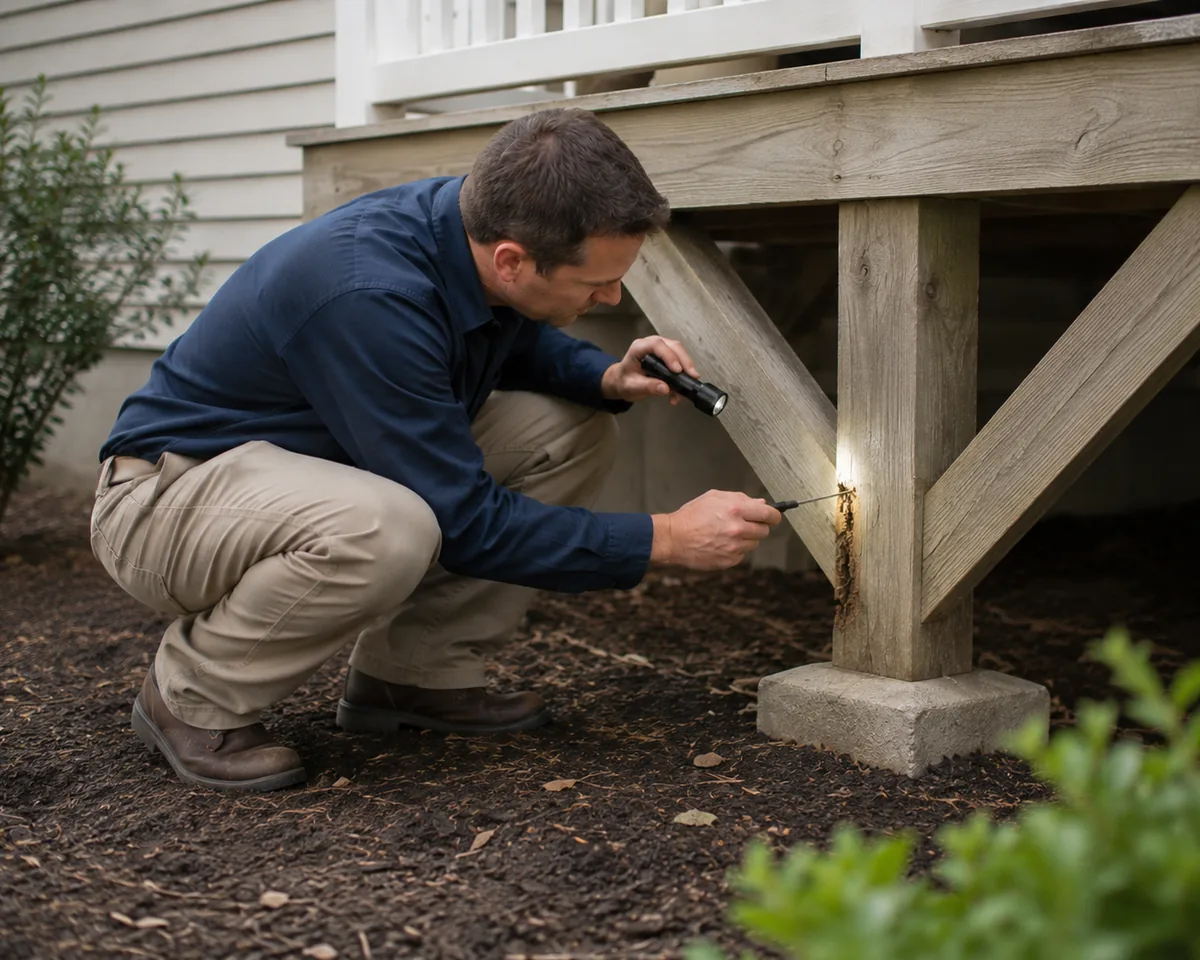 Termite inspector lighting visible termite damage at the base of a deck support post