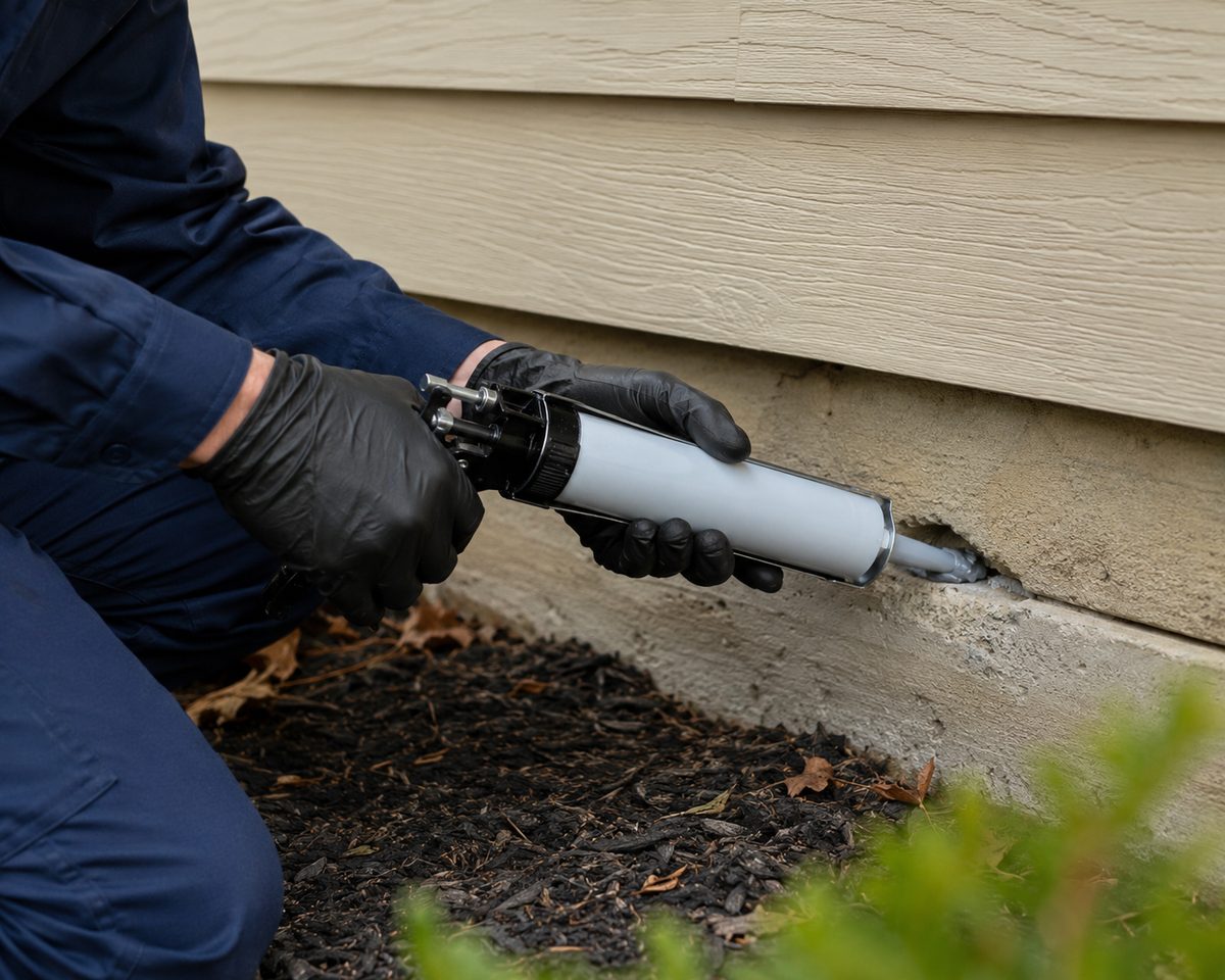 Technician sealing a gap where siding meets the foundation to exclude pests