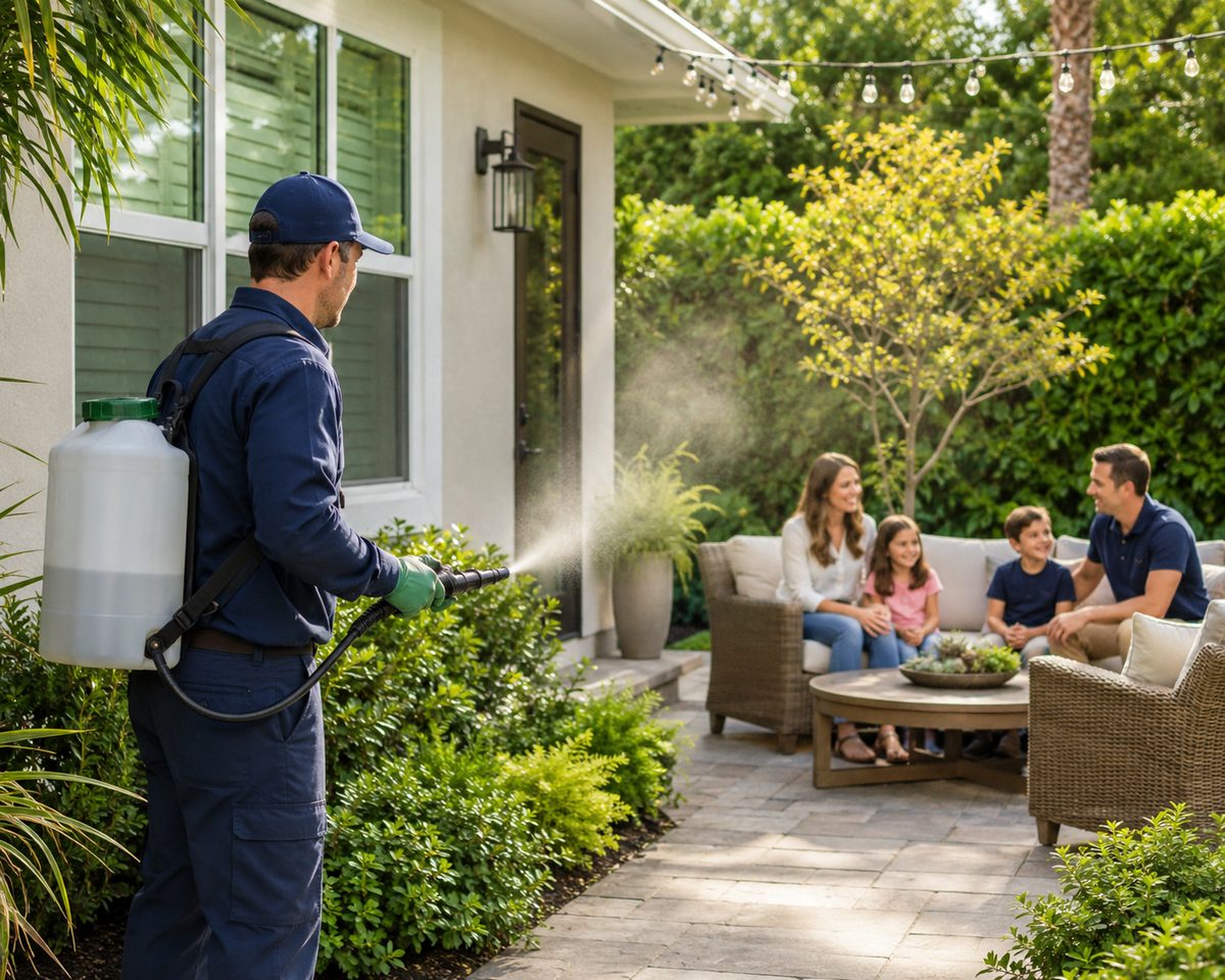 Technician treating a garden bed while a family relaxes on the patio nearby