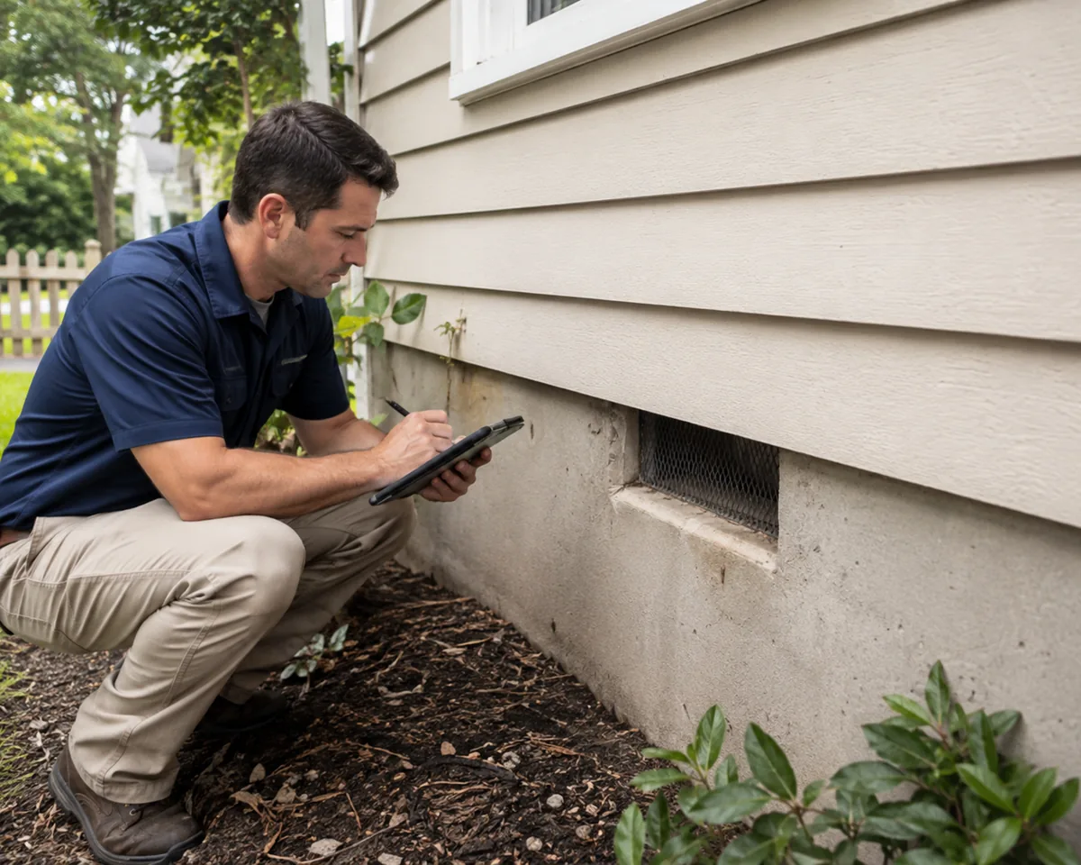 Inspector documenting a foundation vent and damp soil line along a home exterior