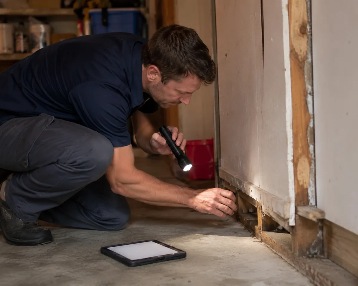 Technician inspecting the base of a garage wall and door frame with a flashlight