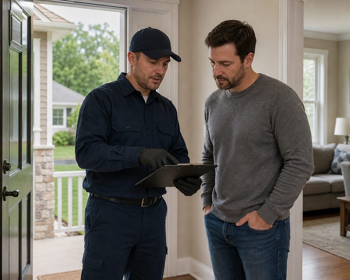 Technician reviewing a treatment plan with a homeowner at the front door
