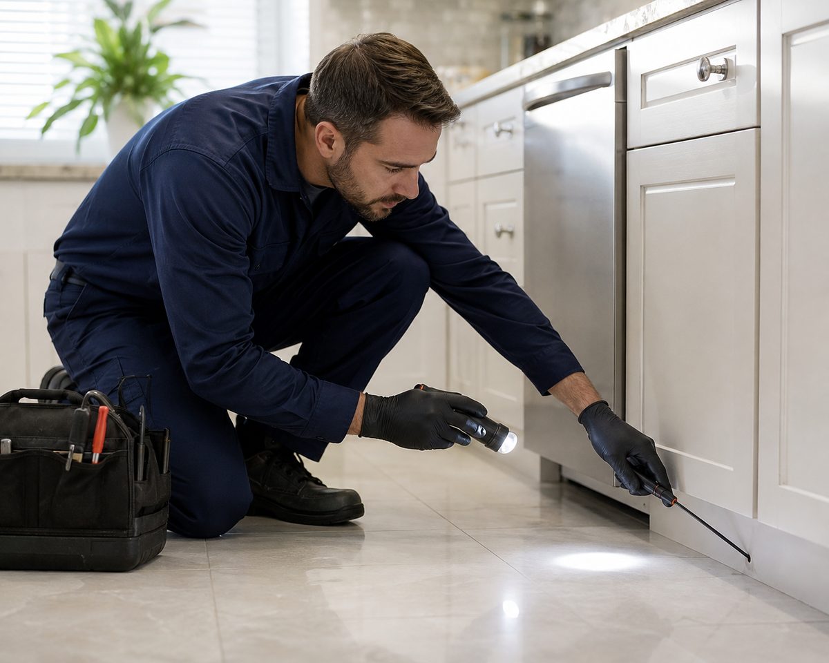 Technician inspecting beneath kitchen cabinets with a flashlight and probe