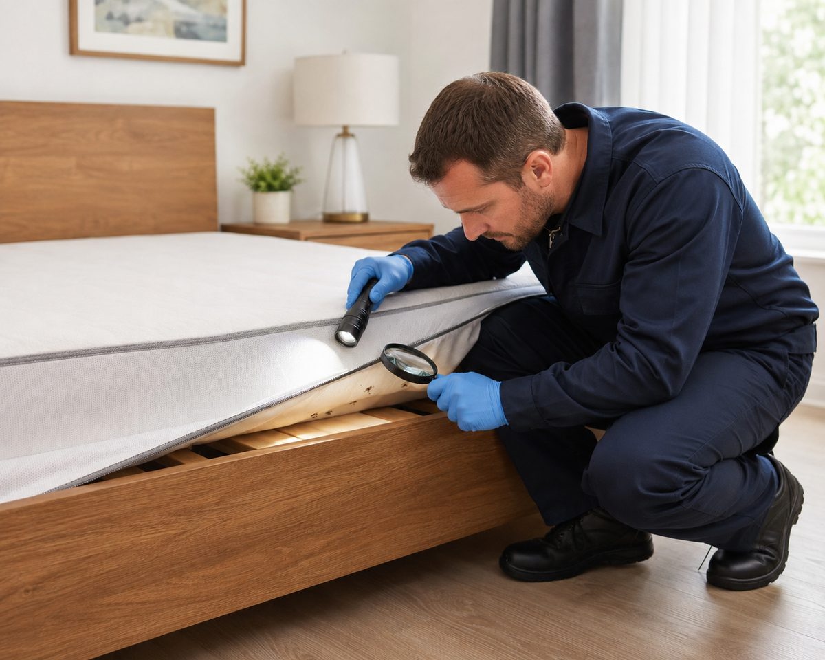 Technician inspecting a mattress seam with a magnifier and flashlight