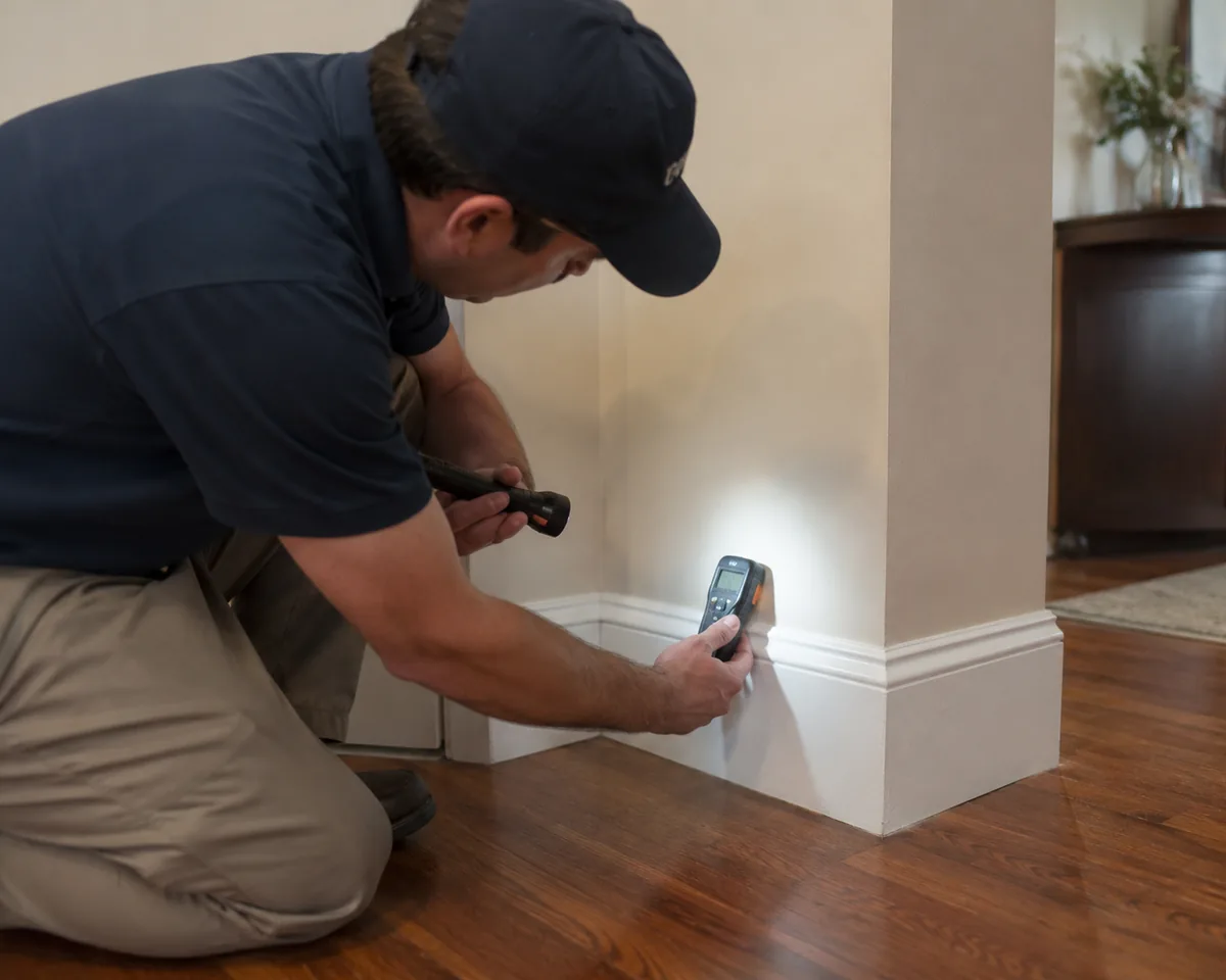 Technician reading a moisture meter against a baseboard during a property inspection