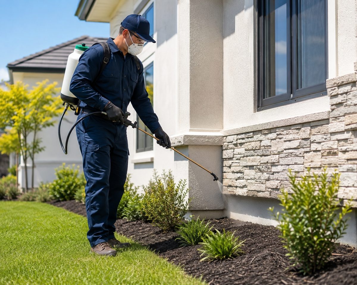 Breeze Pest Control technician treating the exterior perimeter of a home with a backpack sprayer