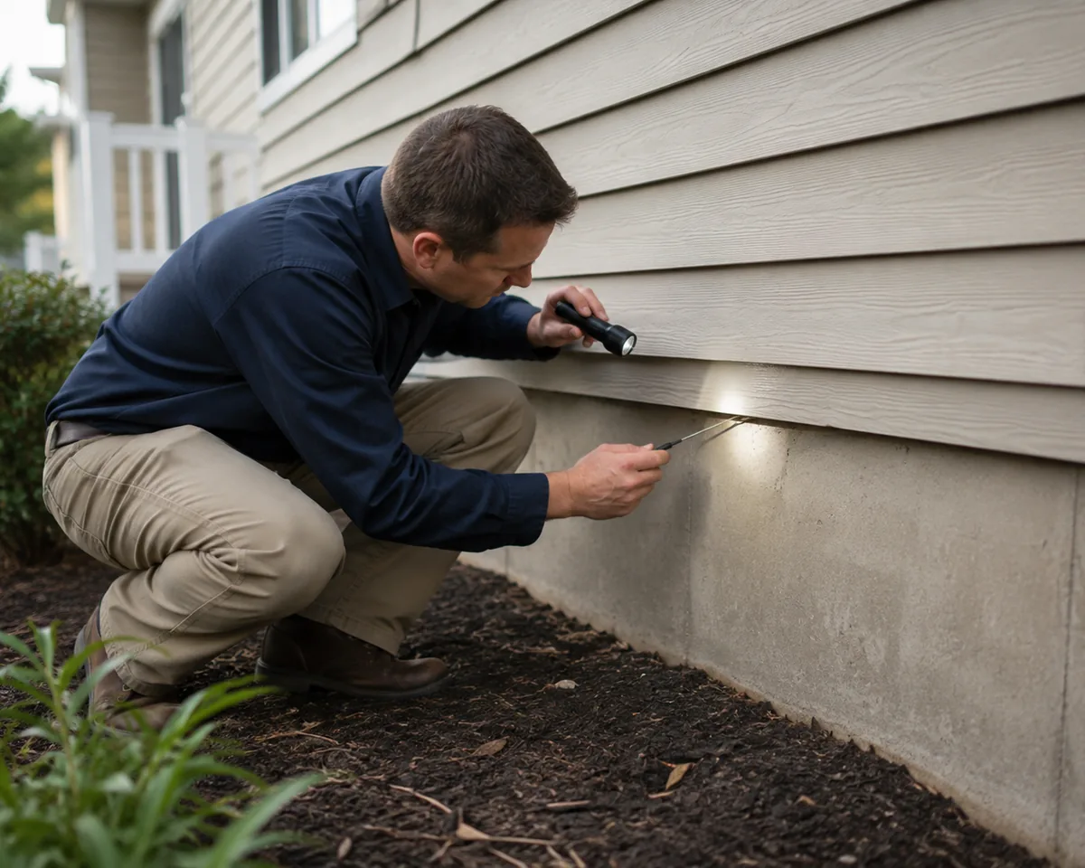 Pest control technician probing the joint where siding meets the foundation for entry points