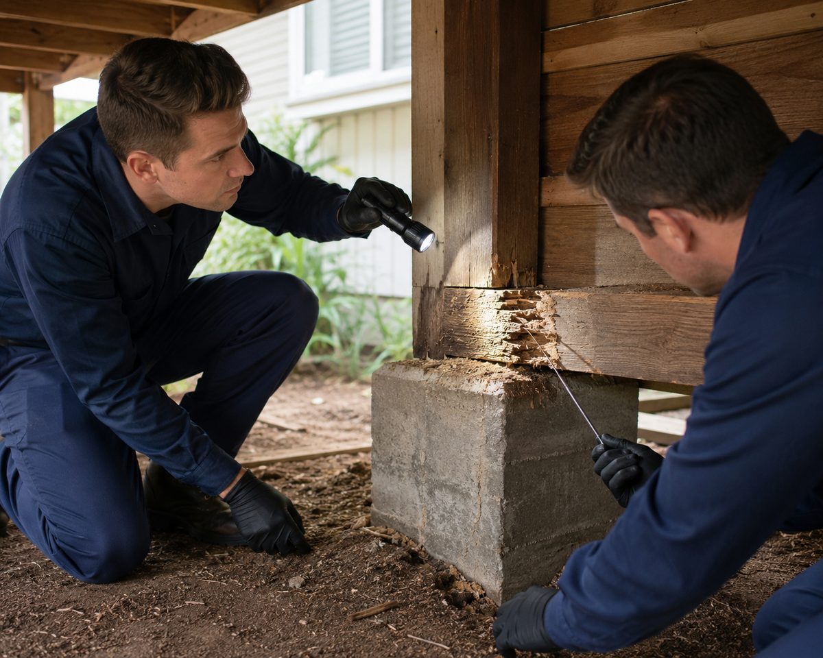 Two technicians inspecting termite damage on a support beam beneath a raised home