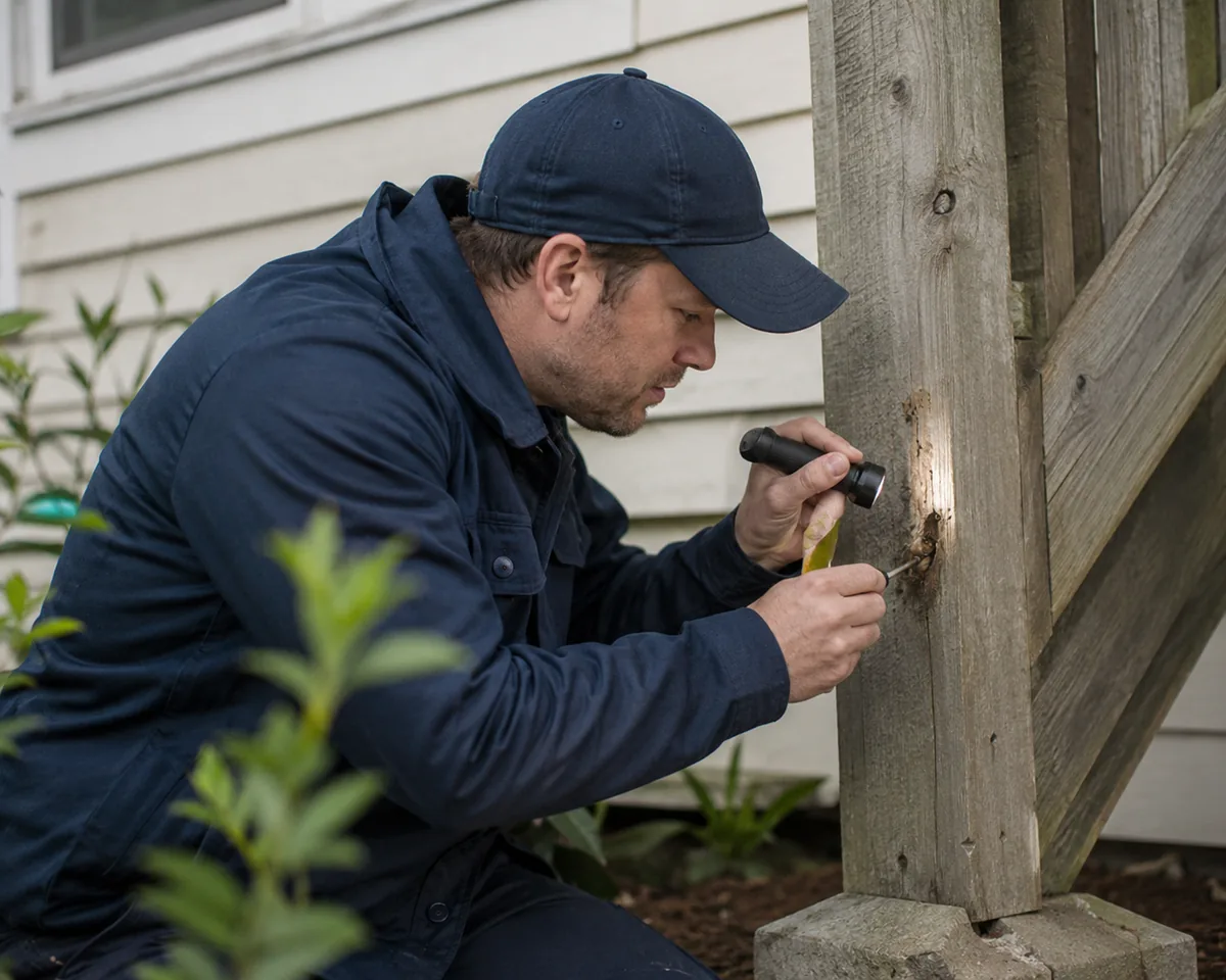 Inspector examining a weathered wooden post where it meets the ground beside a home