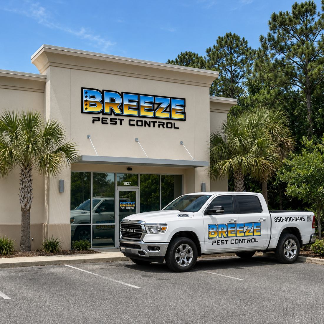 Breeze Pest Control office in Pensacola, Florida with a branded service truck out front